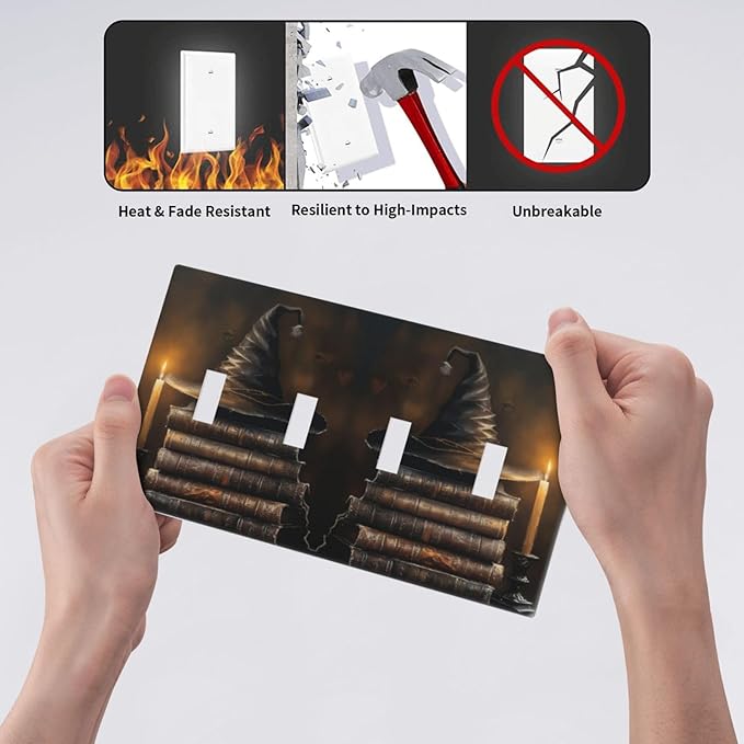 Decorative Art Light Switch Covers Wizard’s Hat & Spellbooks Quad Toggle 4 Gang Wall Plate Switch plate Electrical Faceplate for Home Decor