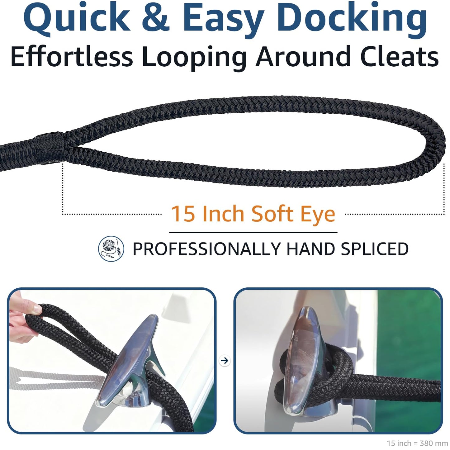 Boat Dock Lines 5/8" x 15' - Double Braided Nylon Boat Ropes for Docking with 15" Loop, Marine-Grade High Strength Boat Lines Dock Rope, Premium Marine Rope Mooring Lines, Easy Handling - 4 Pack,Black