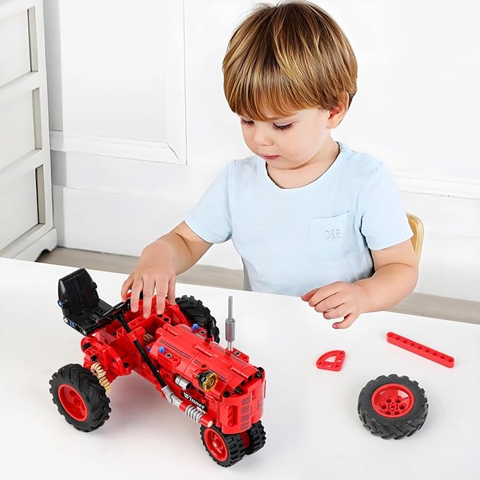 Classic 1/12 Red Tractor Building Blocks SetFarm Tractor Building Kit Toy for Kids Ages 6+STEM Educational Construction Kit for Kids 302 PCS with Shifting &amp Steering &amp Flip Hood Structure