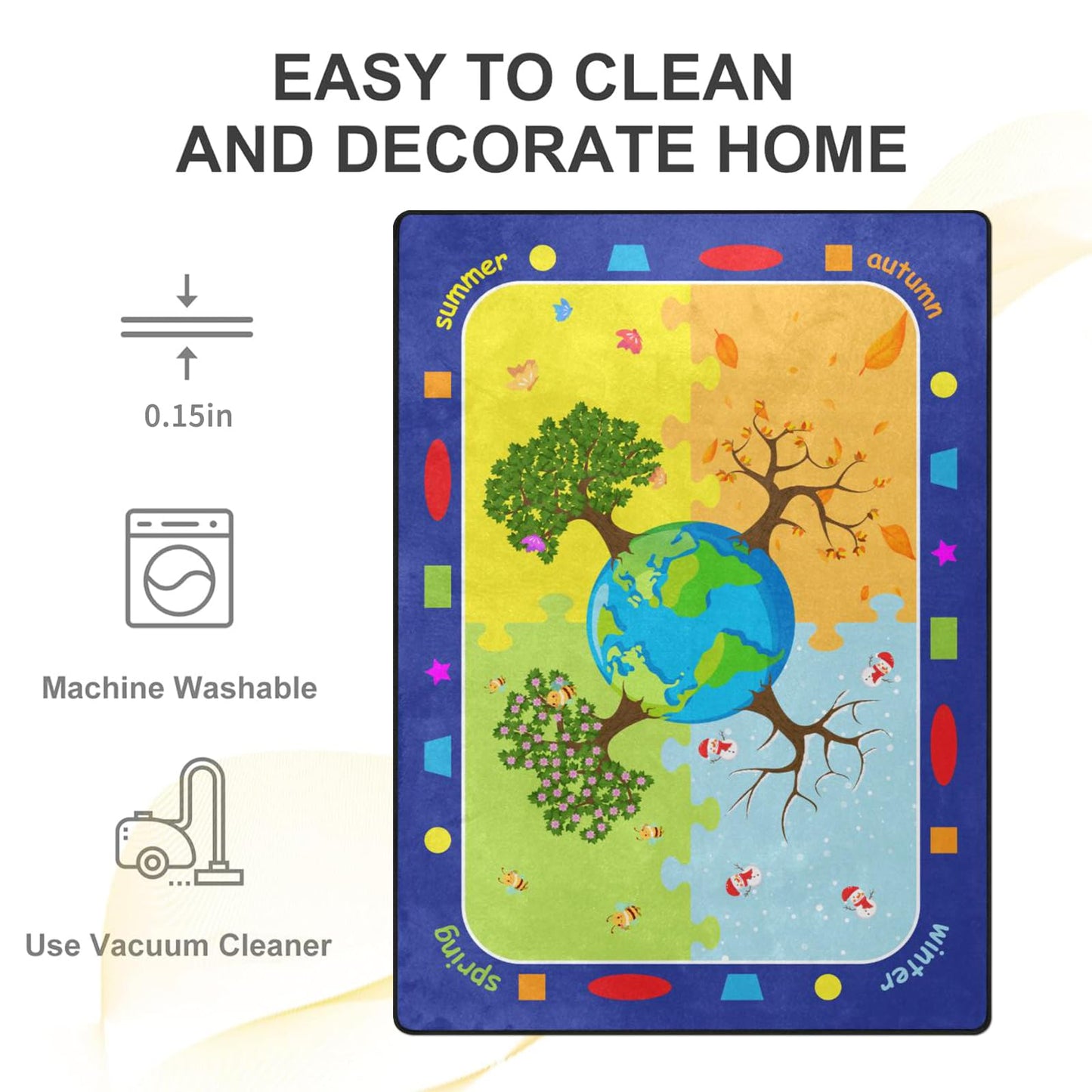 Kids Rugs for Playroom, Trees of the Four Seasons Rugs, Non-Slip Soft Earth&Trees Kids Rug, Earth Day Educational Playmat for Kids Carpet for Preschool Elementary Classroom -5' x 7' Blue