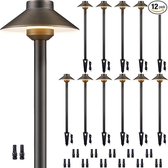 Gardenreet Solid Cast Brass Pathway Light - 12v Landscape Pathlights Outdoor Waterproof, Electric Path Lights Wired, Hat Shape Antique Bronze for Garden Decorations G4 Bulb Not Included (12 Pack)