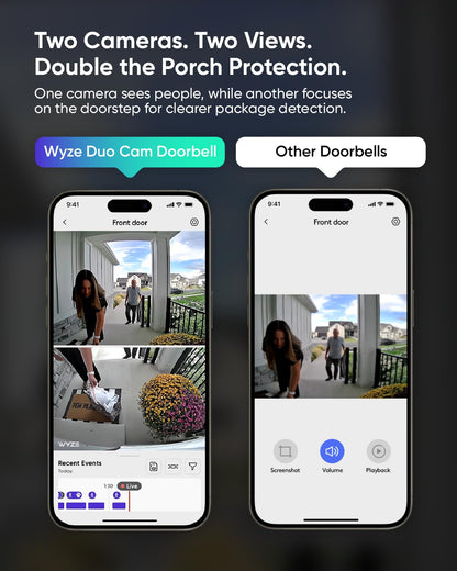 WYZE Wireless Duo Cam Video Doorbell (Chime Included), Battery Powered, 2K Full HD Video, 2 Cameras (People and Package), 2-Way Audio, Color Night Vision
