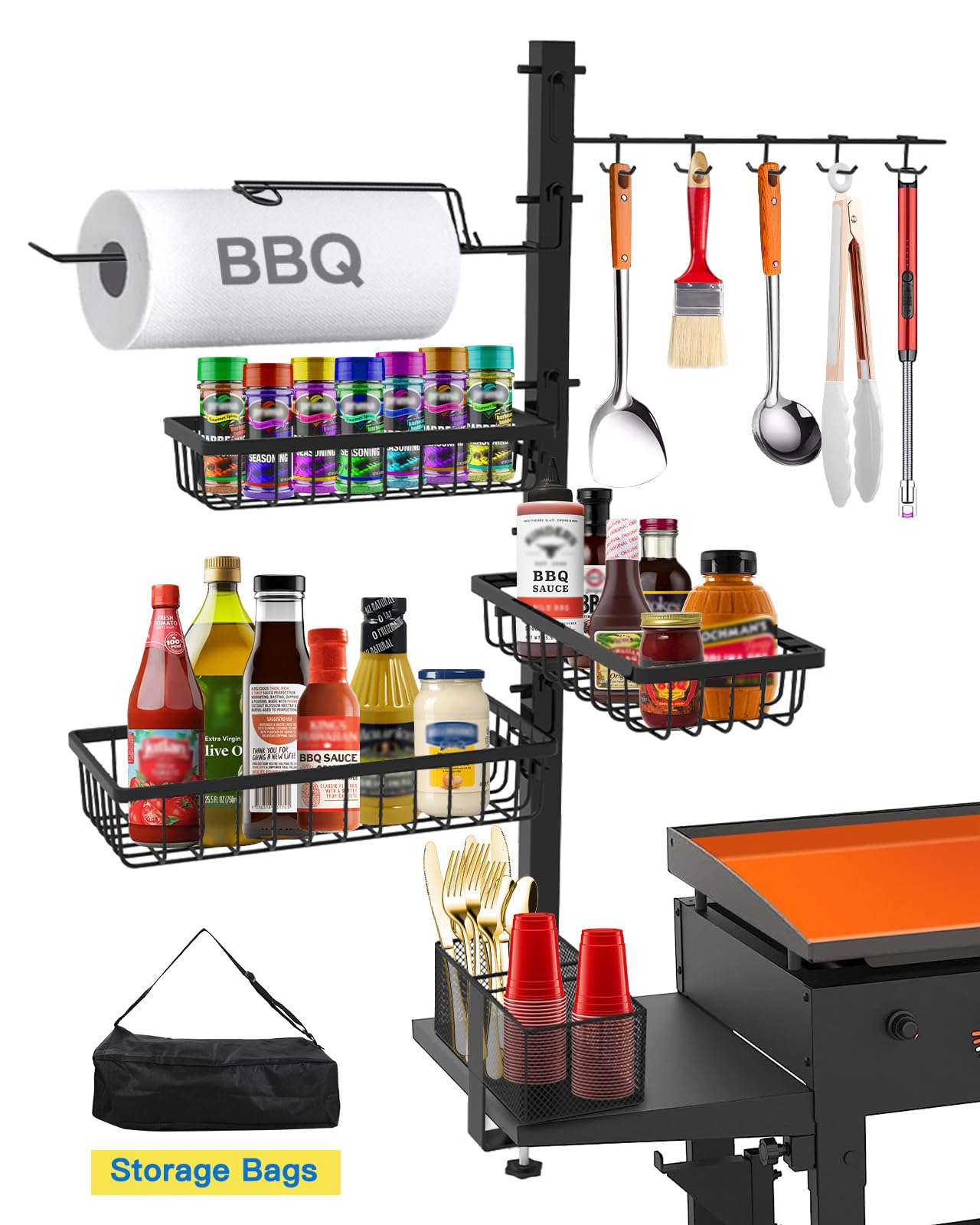 Griddle Caddy Organizer for Blackstone Griddle Accessories, for Husband & Dad & Him, Outdoor Kitchen Accessories, BBQ Grill Picnic Utensil Condiment Caddy with Paper Towel Holder