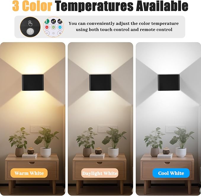 Motion Sensor Wall Sconces with Remote Control, 6000mAh Black Wireless Touch Control Rechargeable Wall Lamps with 3 Color Temperatures, LED Up Down Battery Operated Wall Lights Indoor, 2-Pack