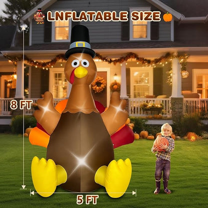 Thanksgiving Inflatables Turkey Outdoor Decorations 8FT Fall Inflatable Turkey with Built-in LED Lights Blow up Outdoor Lawn Yard Decoration