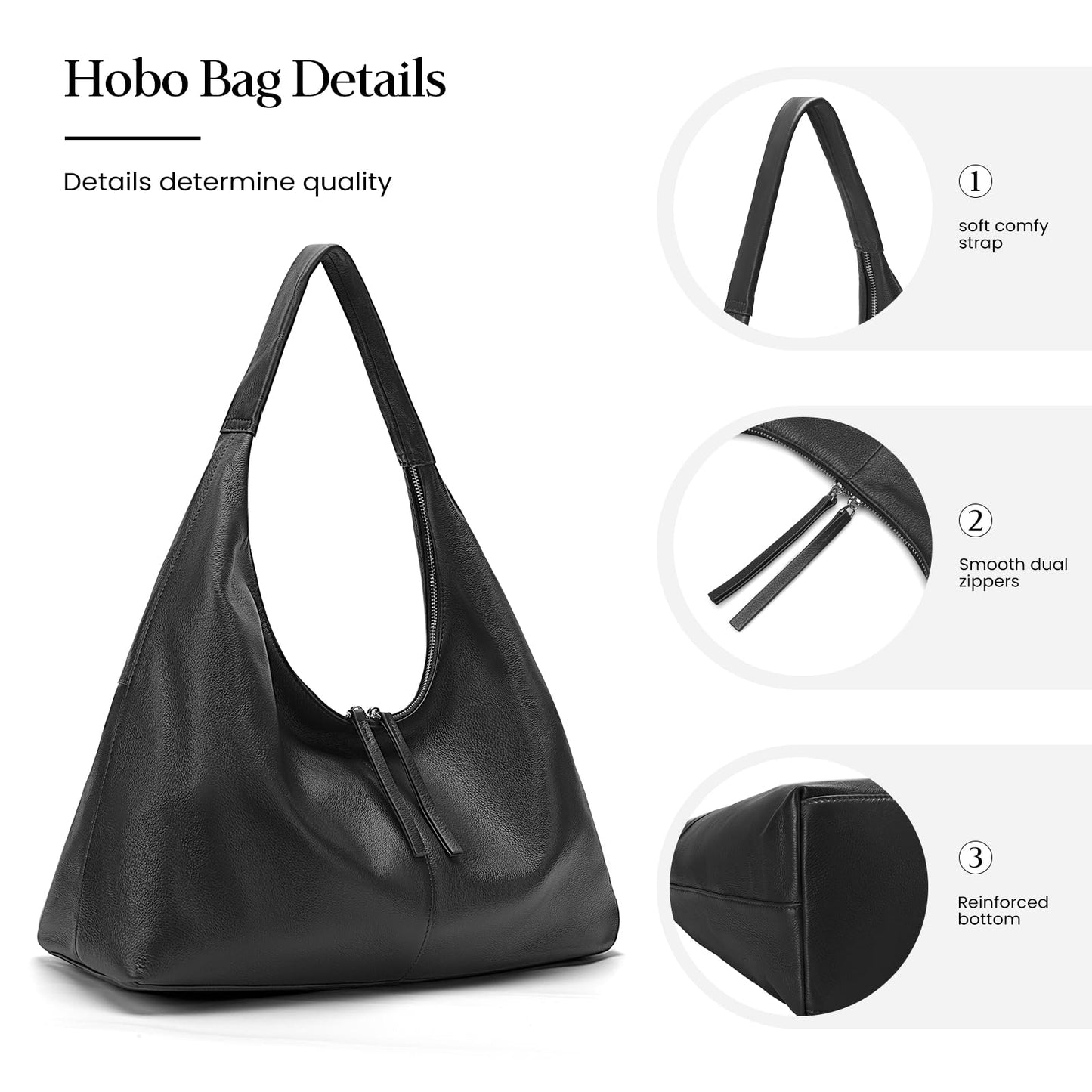 befen Leather Slouchy Hobo Bags for Women, Ultra Soft Full Grain Leather Large Tote Bag,Lightweight Tote Purses Foldable Black Shoulder Handbag, Oversized Hobo Bags for Women Work Travel