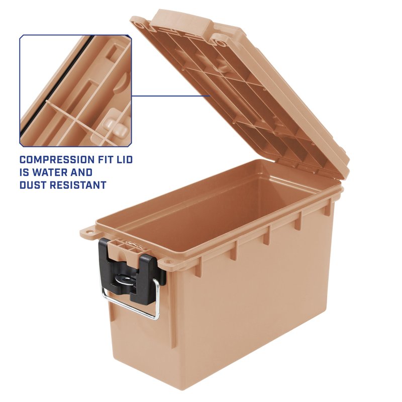 Sheffield 12627 Ammo Storage Box, Stackable .30 Cal Field Boxes, Water and Dust Resistant, Lockable Storage Box with Handle, Secures Hunting Gear, Supplies, and Bullets, Made in USA, Tan, 1-Pack