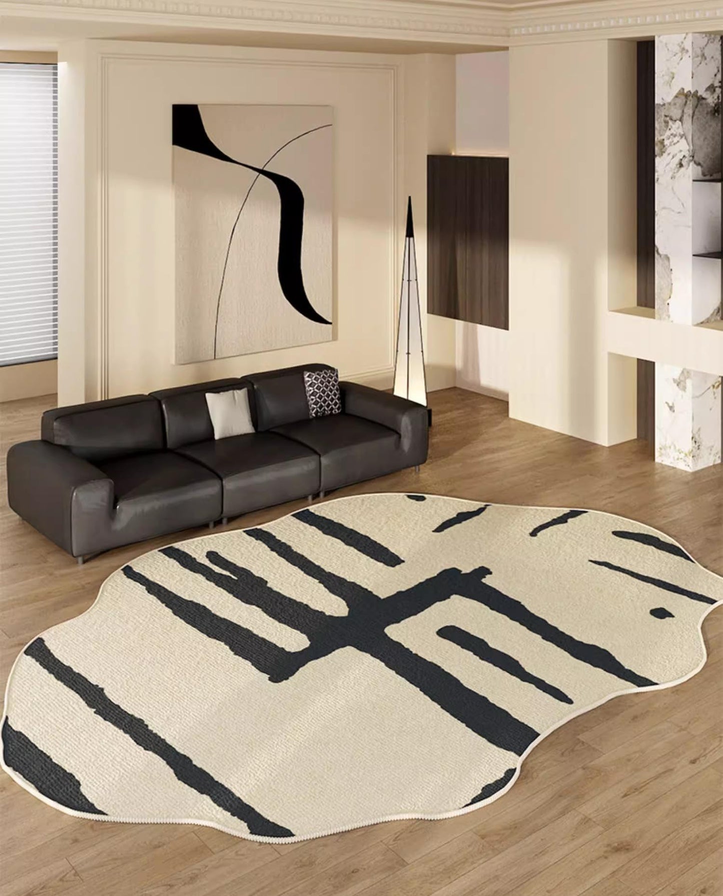 Contemporary Modern Shaped Rug for Living Room Dining Room Bedroom Home Office Irregualr Shape Carpet Black Beige Kitchen Entryway Bathroom Washable Area Rugs 4x6