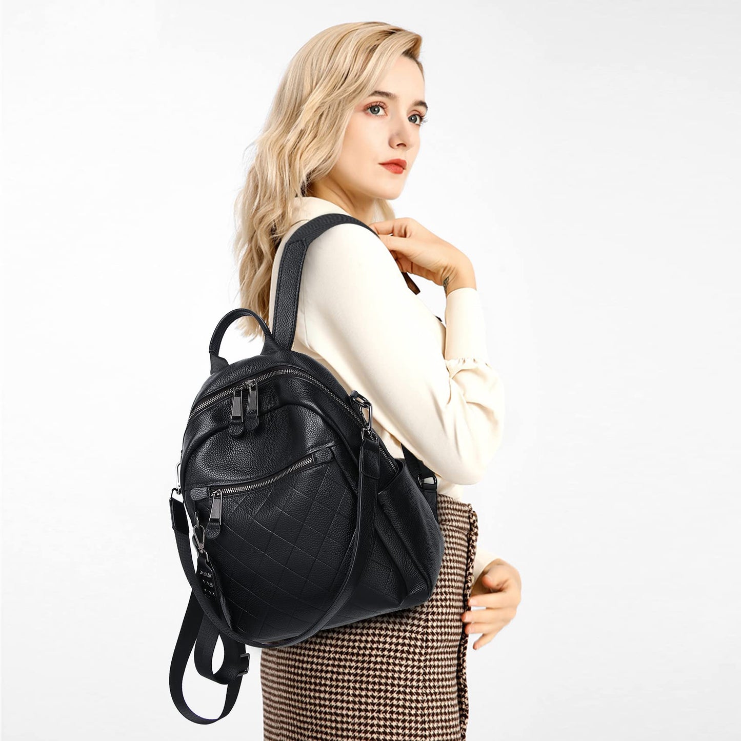 Wesccimo Genuine Leather Backpack Purse For Women Black Quilted Real Soft Leather Fashion Designer Convertible Ladies Shoulder Bag