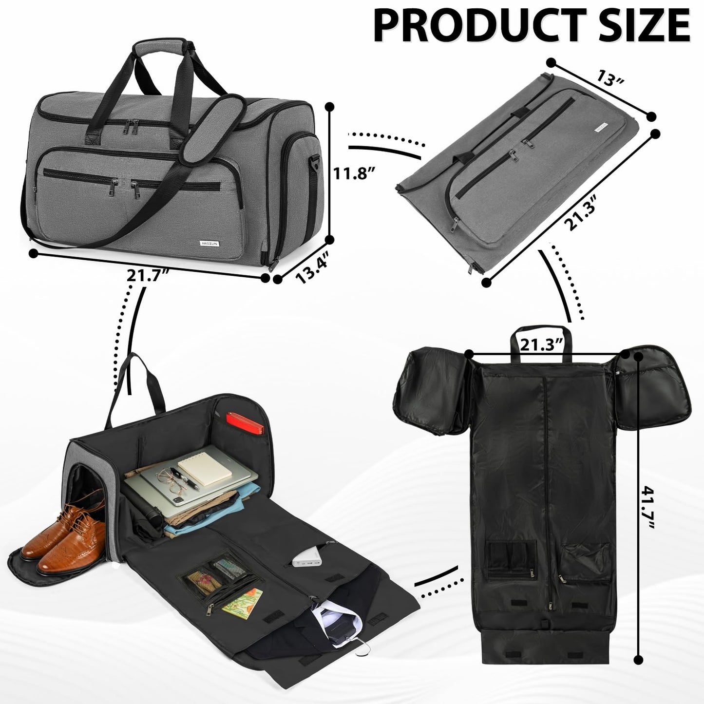 AKOZLIN Convertible Garment Bag for Travel 3 in 1 Carry On Garment Duffle Bag with Shoes Compartment Hanging Suitcase Suit Travel Storage Bags For Men Women Grey