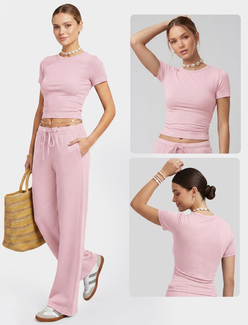 Flevita Womens 2 Pcs Sets Summer Travel Outfits T-shirts and 31" Wide Leg Pants Comfortable Airport Lounge Wear Set with Pockets Pink M