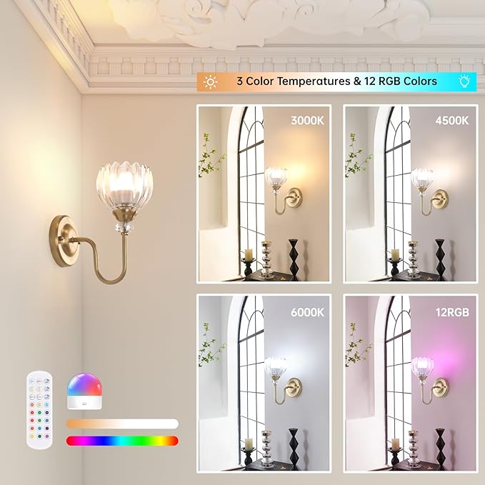 Set of 2 Vintage Battery Operated Wall Sconce, Rechargeable Wall Lamp with 5000mAh Battery & Remote Control, Dimmable Wall Lights with Tulip Shade for Bedroom Living Room(Tulip Transparent Up)