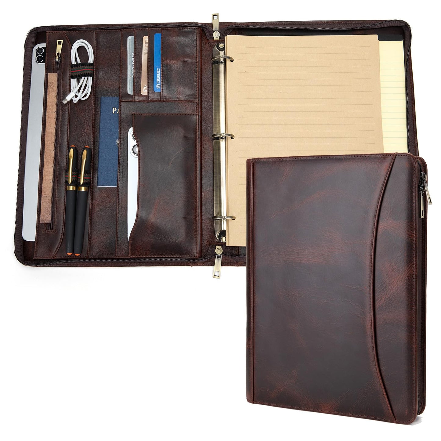 Geslun 3 Ring Binder Genuine Leather Portfolio, Front Pocket, 8.5 x 11 Legal Pad Padfolio for Men and Women, Zippered Notepad Laptop Organizer, Business Executive Work Folio, Dark Brown, Oil Tanned