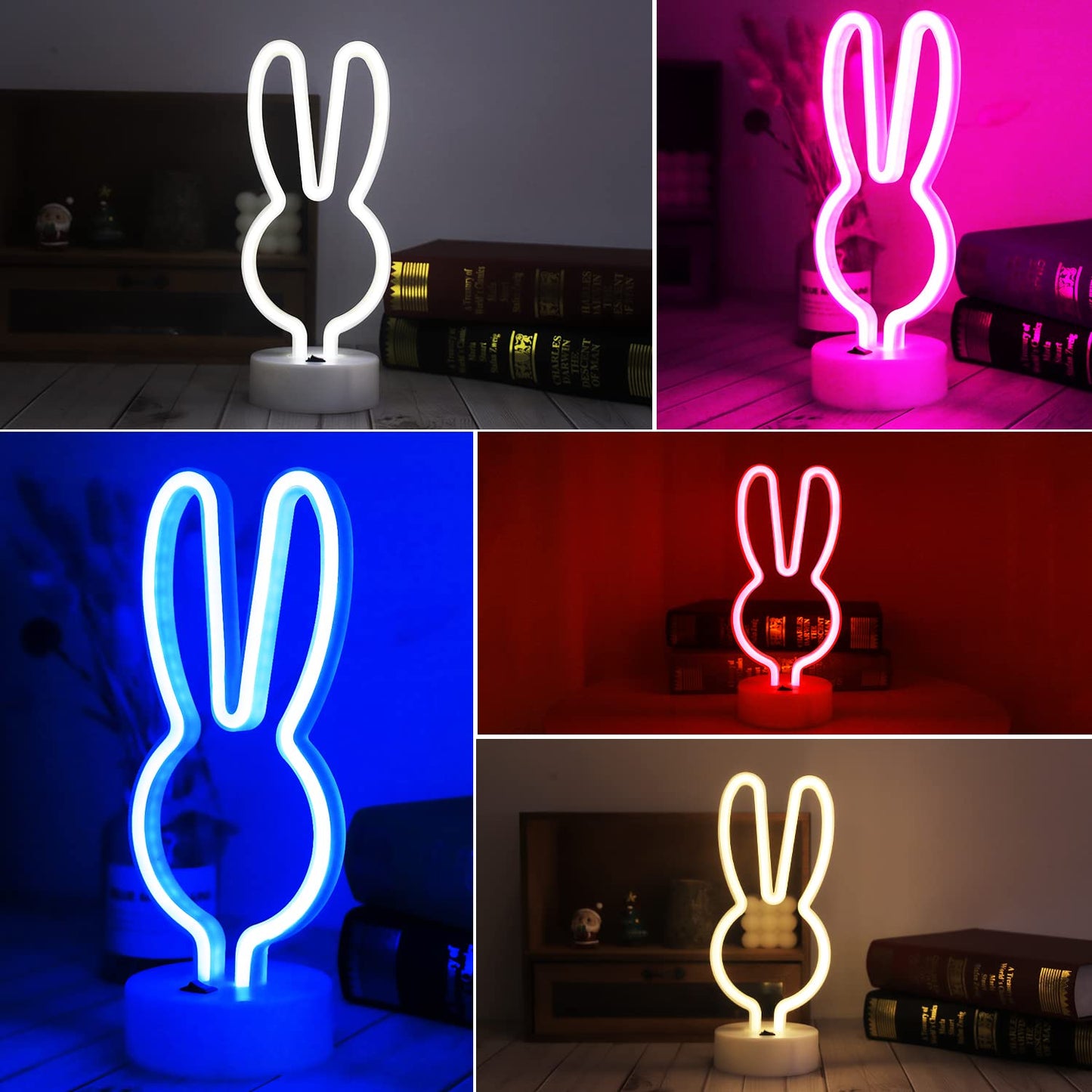 Easter Decorations Neon Signs, Creative Bunny Lights with Base - Battery/USB Operated Rabbit Stuff for Home, Nursery Room, Kids Bedroom, Spring Decor (Pink)