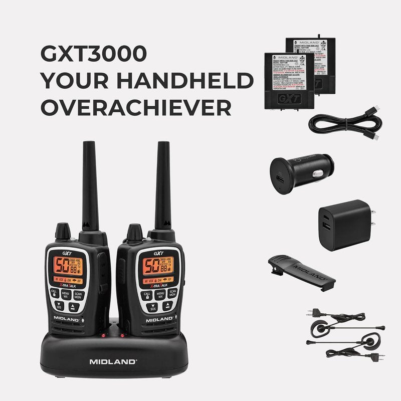 Midland GXT3000 GMRS Two-Way Radio - Long Range, 50 Channels, 142 Privacy Codes | Rechargeable, 2-Pack, Black/Silver