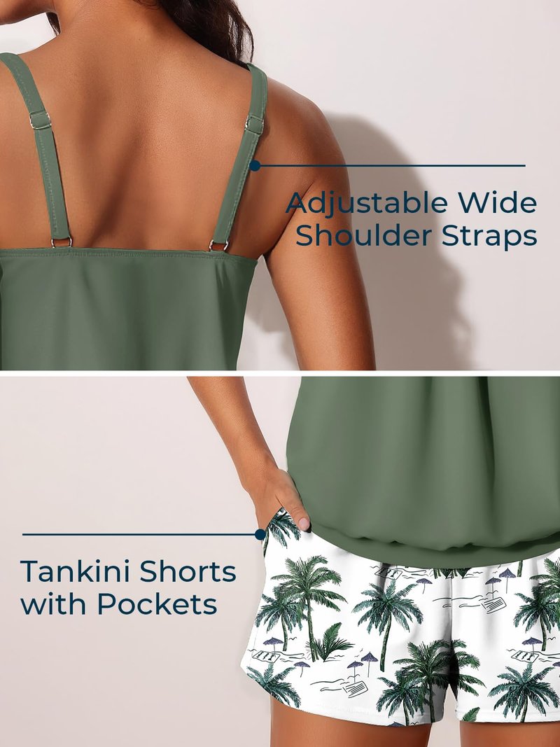 Summer Mae Blouson Womens Tankini Swimsuits 2026 Modest Tummy Control Bathing Suits Swim Shorts with Pockets for Beach Green Shadow Size 10