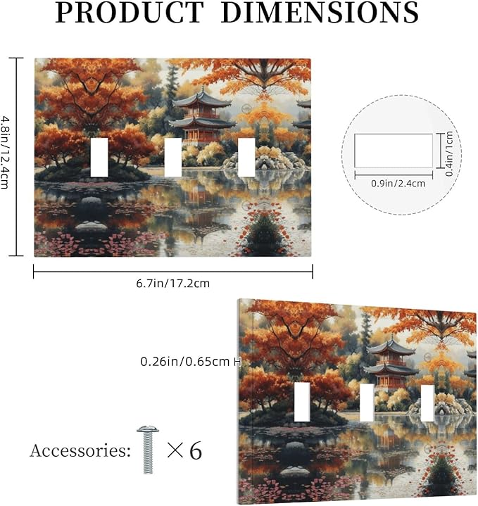 Decorative Art Light Switch Covers Lake & Pagoda in Fall 3 Gang Triple Toggle Wall Plate Decorative Switch plate Electrical Faceplate for Home Decor