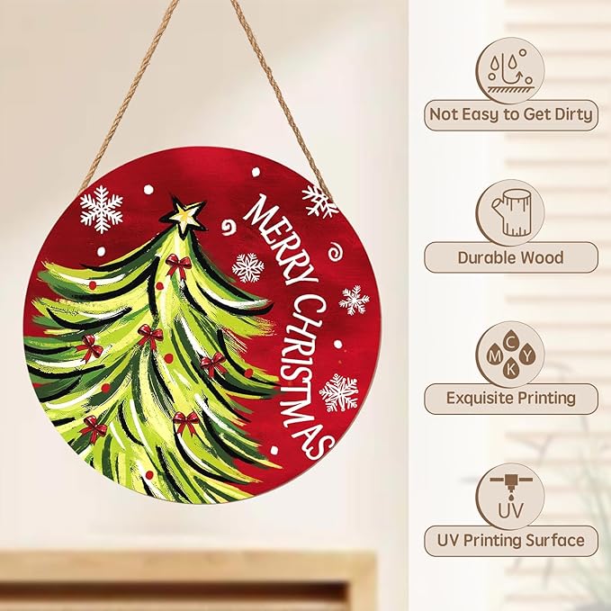 Merry Christmas Door Sign,Christmas Tree Decorations Wooden Holiday Hanging Sign for Front Door,Winter Red Christma Decorations for Home Garden Christm New Year 12"x12"