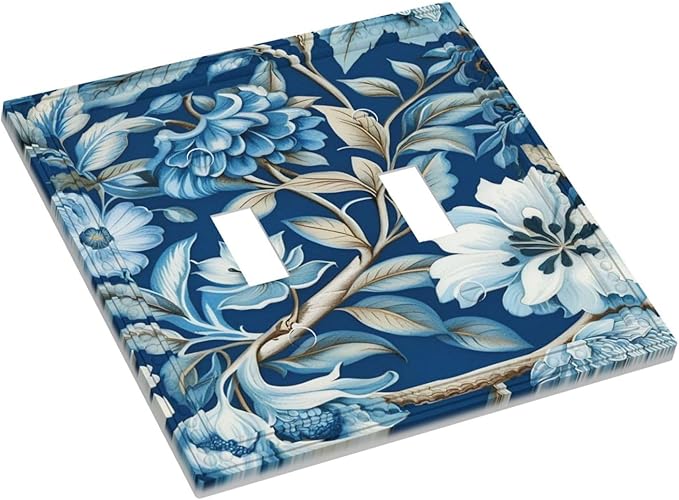 Blue Flowers Branches Leaves Floral Pattern Light Switch Covers Double Toggle 2 Gang Wall Plate Dual Decorative Switchplate Electrical Faceplate for Farmhouse Living Room Decor