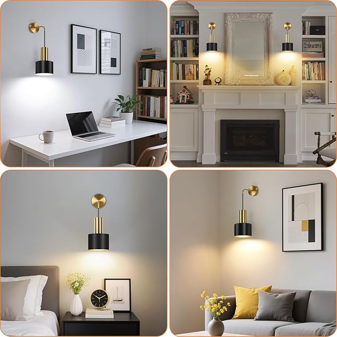 VerRon Rechargeable Battery Operated Wall Sconce Set of Two, Black & Gold Wireless Battery Powered Lights with Dimmable Detachable Bulbs & Remote, Modern Sconces Wall Decor for Bedroom Living Room