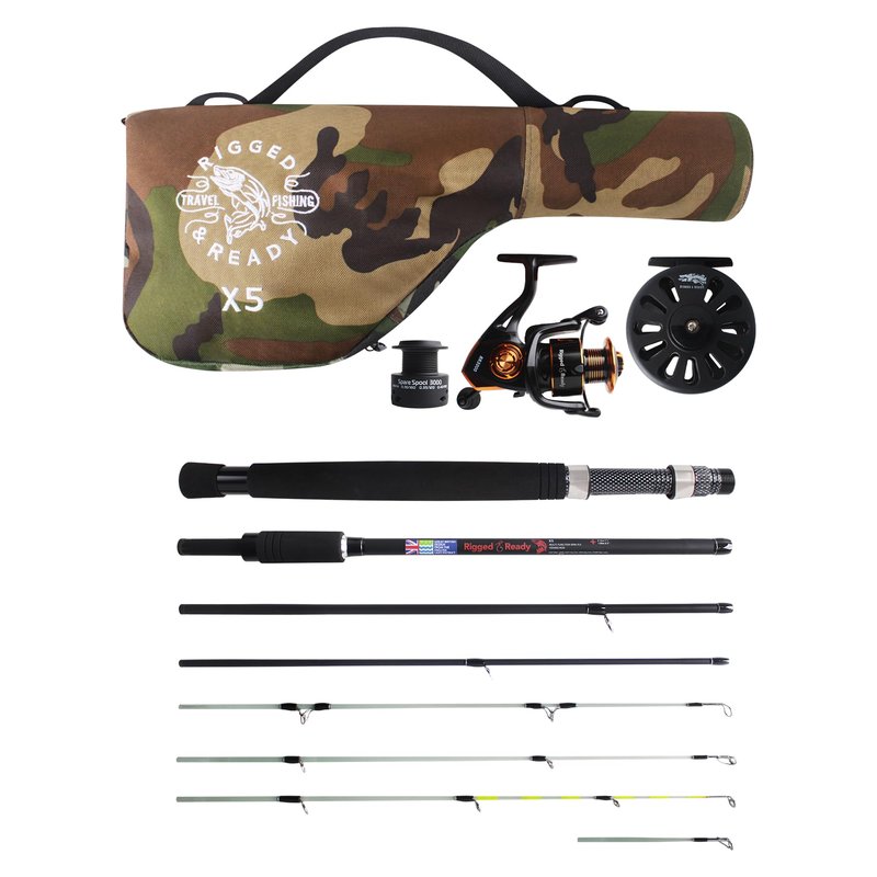 Rigged & Ready X5 Fishing Rod Combo with 2 Reels & Case – Super Compact, Multi-Functional Travel Rod – 1 Rod = 5 Fishing Techniques (Spin, Float, Feeder, Fly & General Freshwater/Saltwater)