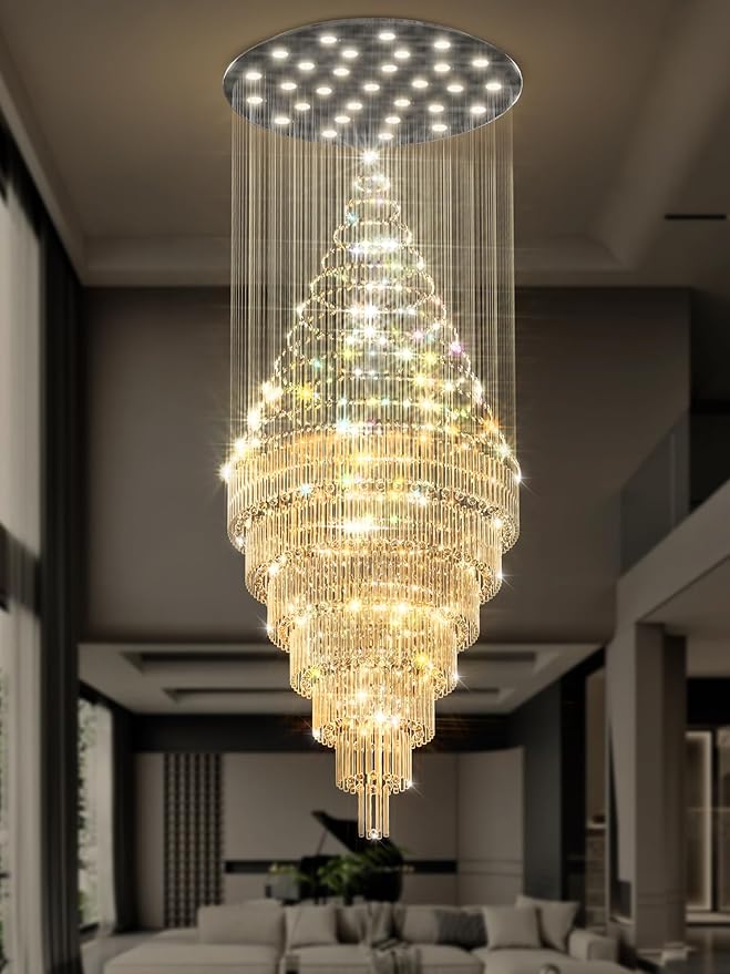 Flashing God D59''X H120'' Extra Large Chandelier for High Ceilings Crystal Raindrop Chandeliers Large Chandelier for Villa Entrance Foyer LED Dimmable Black Large Light Fixture