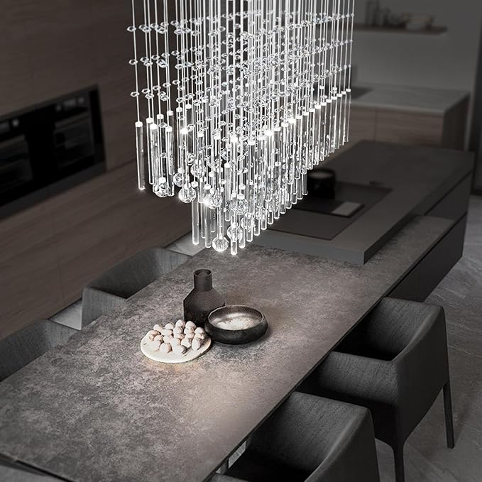 D24''XH28'' Rectangular Crystal Chandelier SilverRectangle Pendant Ceiling Light Fixture Raindrop Chandelier for Dining Room Living Room Kitchen Island Bar