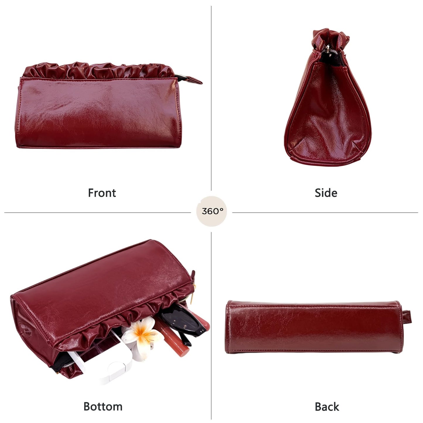 Stizimn Burgundy & Black PU Leather Ruffle Makeup Bag for Women, Waterproof Zipper Cosmetic Pouch with Spacious Interior, Travel Toiletry Organizer for Skincare Essentials (Burgundy)