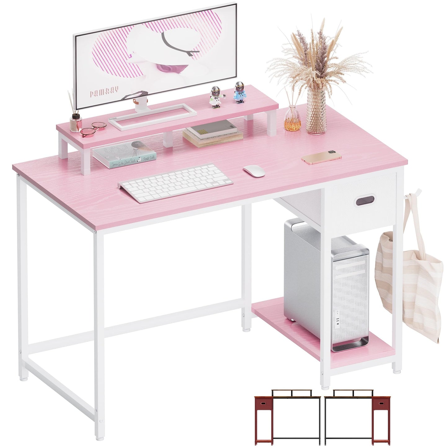 Pamray 39 Inch Computer Desk with Monitor Stand Small Home Office Desks with Non-Woven Storage Drawer for Bedroom Study Table Writing and Work Desk Pink