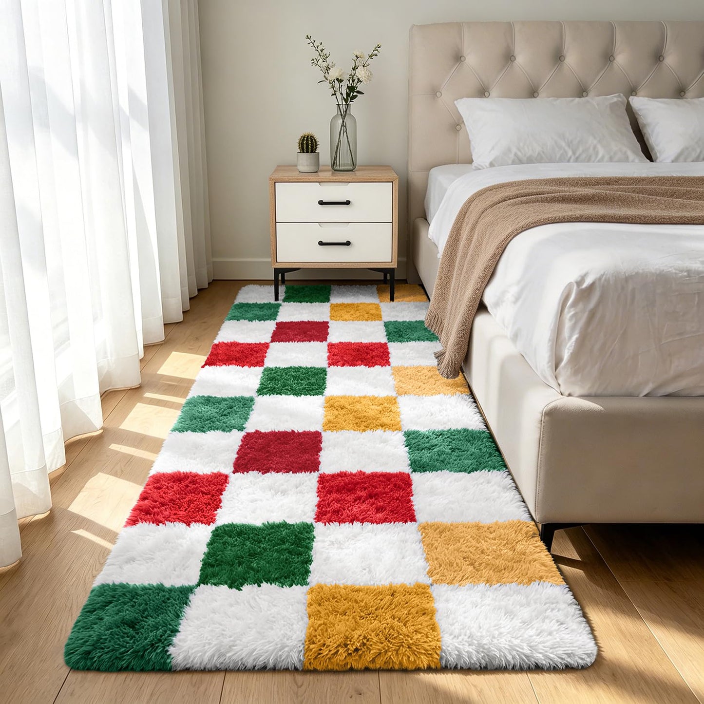 Shag Runner Rug for Bedroom Living Room 2x6 Upgrade Non-Slip Fluffy Soft Bedside Rugs,Checked Shaggy Carpet for Livingroom Dorm Home Decor Aesthetic