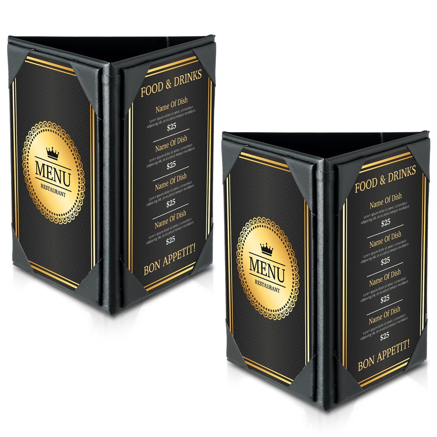FLKQC Table Tent Triangle Menu Holders 4" x 6", 2 Pack 3-Side Leatherette Picture Frames, Menu Cover with Angled Corners for Restaurant, Bar, Cafe, Wedding, Durable Menu Folders