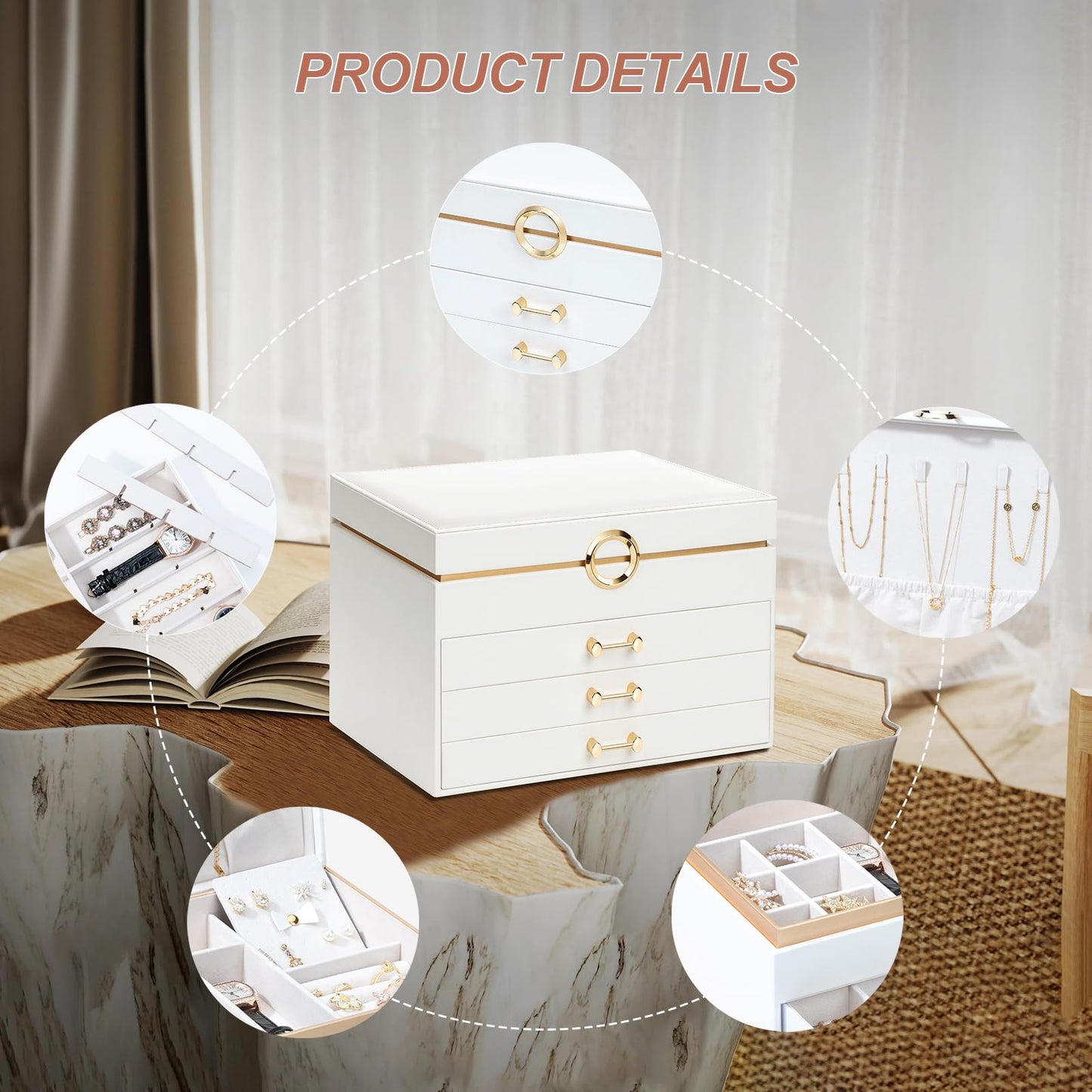 V-LAFUYLIFE Jewelry Box for Women,4-Layer Leather Jewelry Holder Organizer with 3 Drawers Large Jewelry Storage Boxes, Lots of Storage Space For Ring,Necklace,Bracelets,Earring（White）