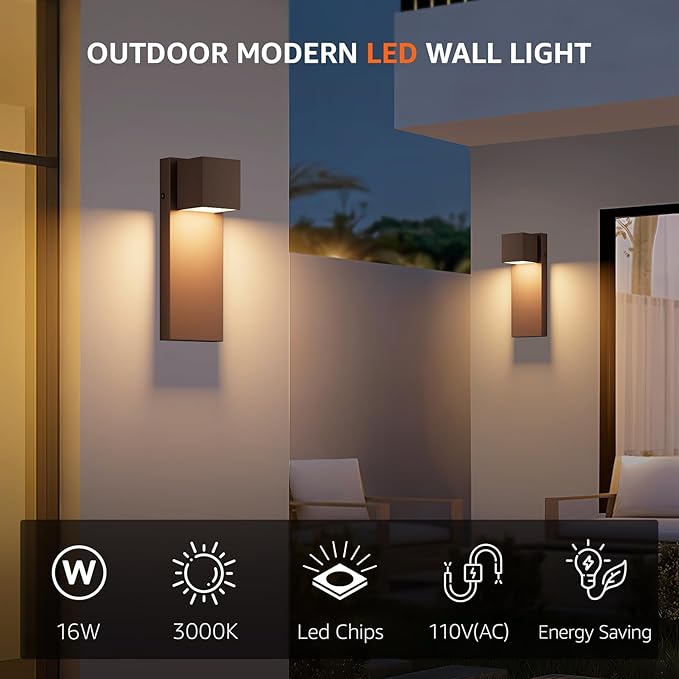 2 Pack 13" Modern Outdoor Led Wall Light,16W 3000K 1200Lumen Porch & Patio Hardwired Wall Mount Wall Sconces,Exterior IP65 Waterproof Aluminum Wall Lamp for Front Door Garage Garden(Rust)