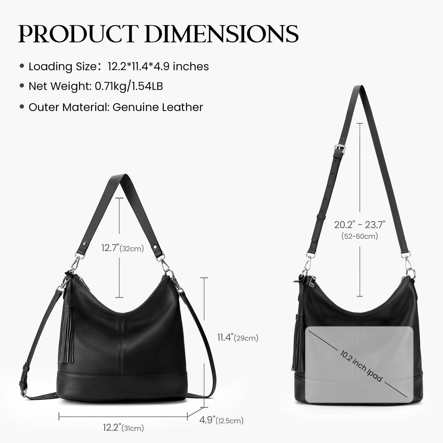 befen Genuine Leather Hobo Bags for Women, Black Crossbody Bags for Women Large Leather Purses, Women's Shoulder Handbags with 2 Removable Strap, Slouchy Bucket Purse With Zipper Pocket for Everyday