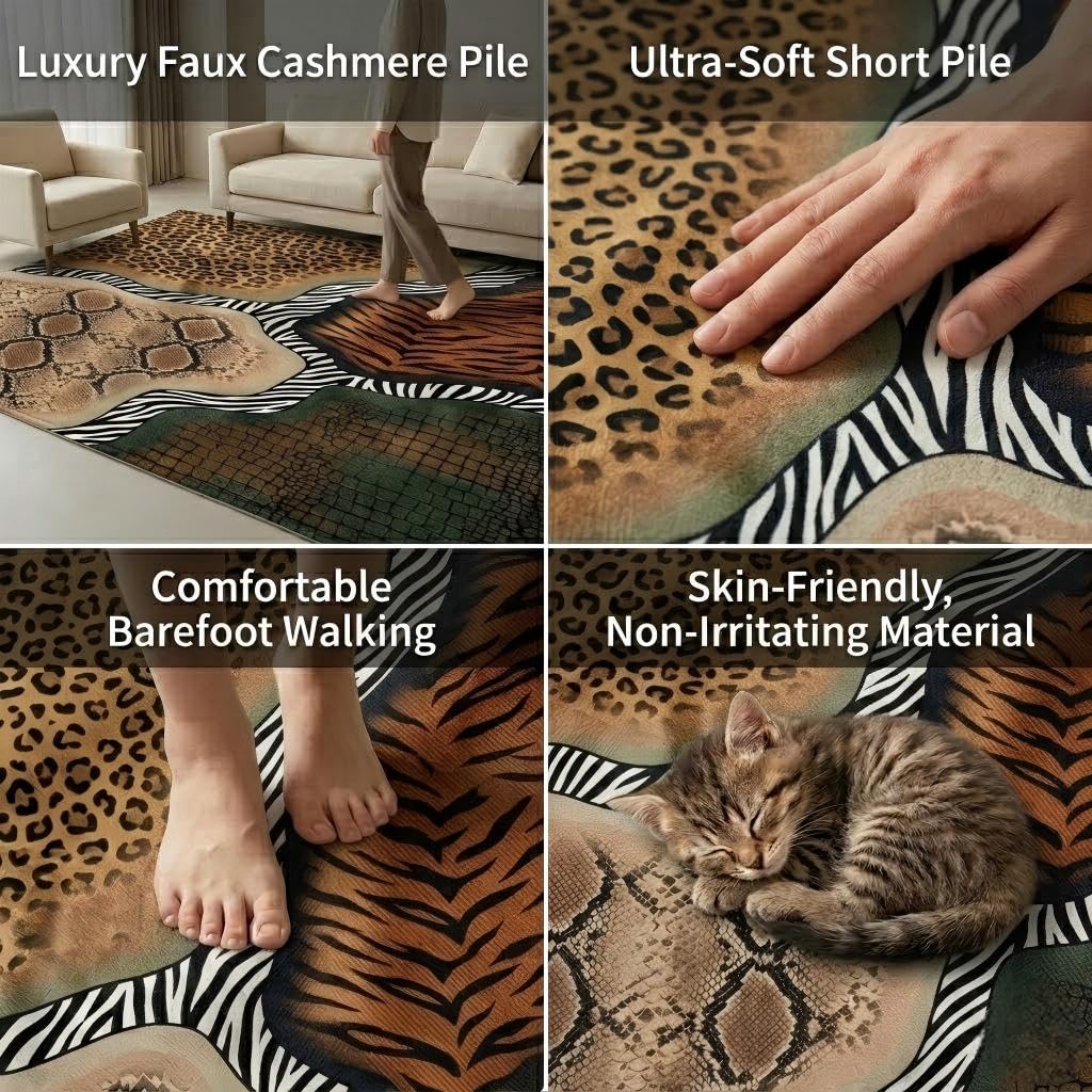 ERYATOU 5x7 Leopard Print Area Rug, Mixed Animal Print Patchwork Rug, Washable Non-Slip Low Pile Faux Cashmere Carpet for Living Room, Bedroom, Home Office Decor
