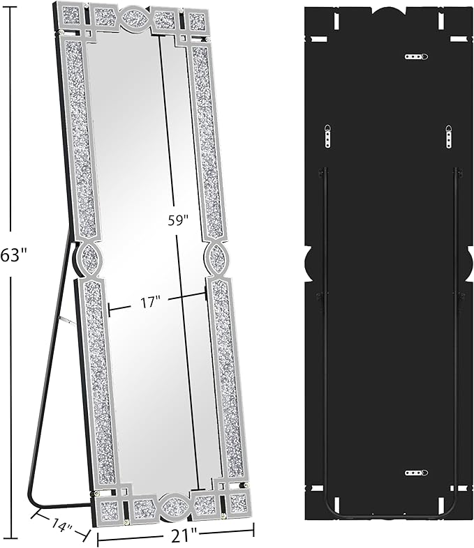 ENENE Crystal Mirrors Full 63"(H) Crushed Diamond Full Body Mirror Silver Long Floor Standing Mirror for Bedroom Living Room Bathroom Wall Mounted