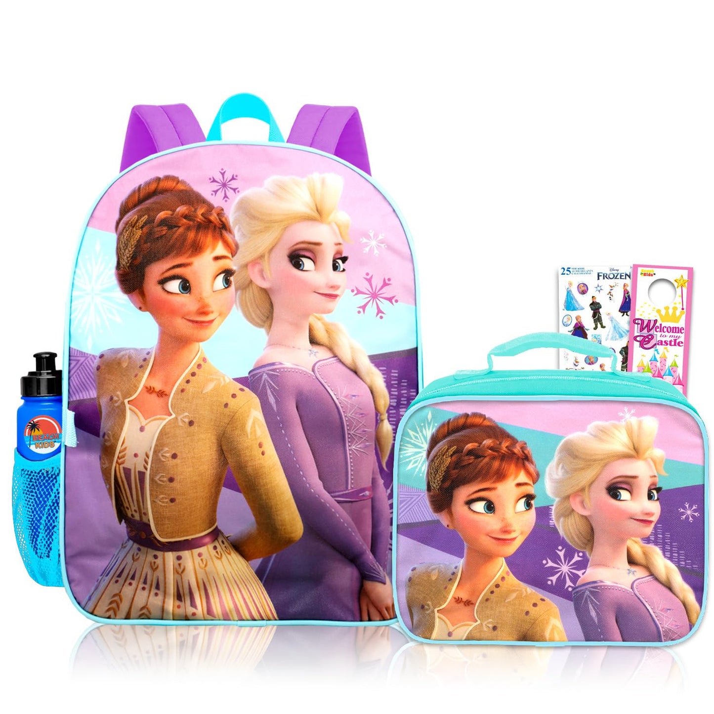 Disney Frozen Anna and Elsa Backpack School Supplies Set for Girls ~ Bundle with 16" Frozen School Bag, Lunch Bag, Plastic Water Bottle, Frozen Stickers, and More.