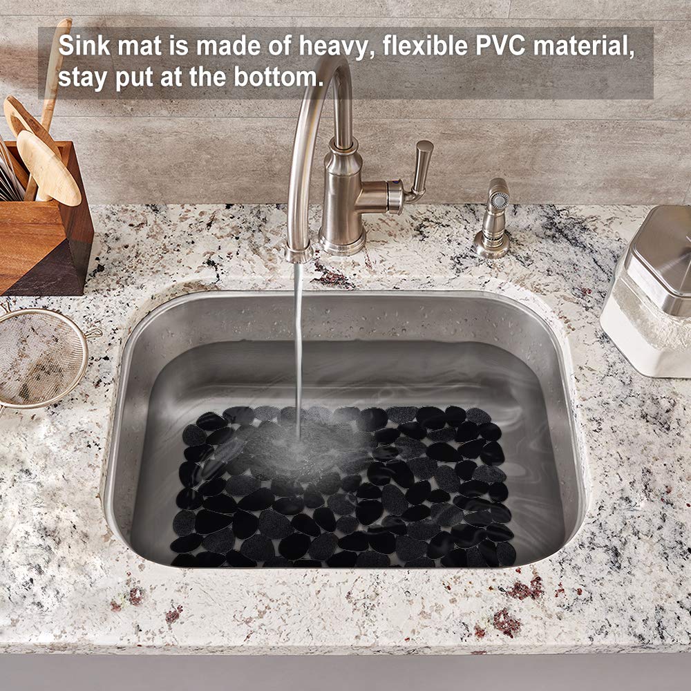Bligli Pebble Sink Mat for Stainless Steel/Ceramic Sinks, 2 Pack PVC Sink Protectors Mats for Bottom of Kitchen Sink, Dish Drying Mat for Dishes and Glassware, 15.7 x 11.8 inch, Black