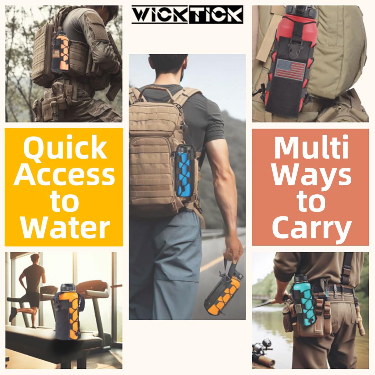 WICKTICK Molle Water Bottle Holder Pouch 16 24 32 40 64 oz - Multi-Purpose Tactical Fuel Bottle Bag, Adjustable Size for Outdoor Activities, Adapted to Backpack/Vest/Belt (Brown, Classic)