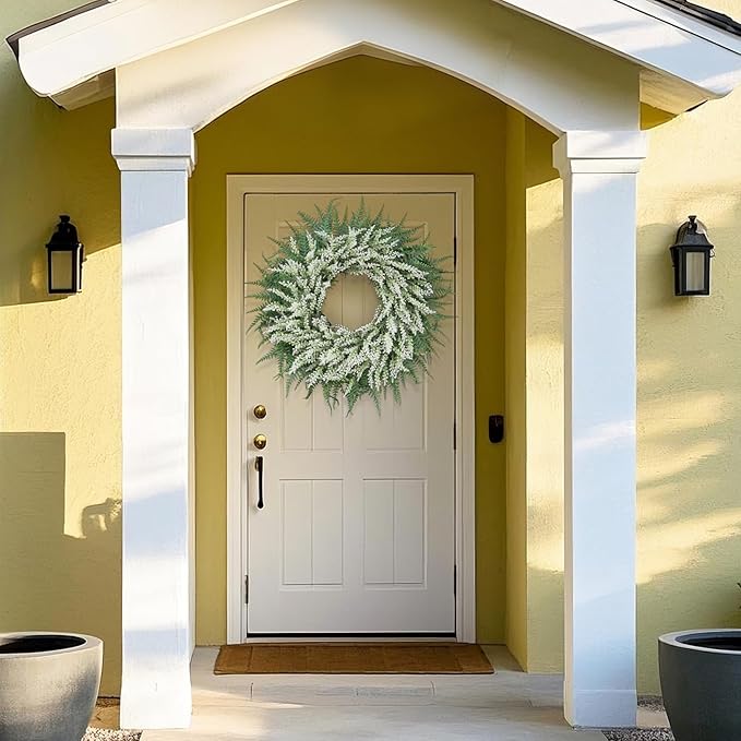 26'' Lavender and Boston Ferns Wreath for Front Door - Large Artificial Greenery Outdoor Wreath for Porch,Window,Farmhouse,Home,Hanging Decor- Spring, Summer, All Seasons (White-Green)