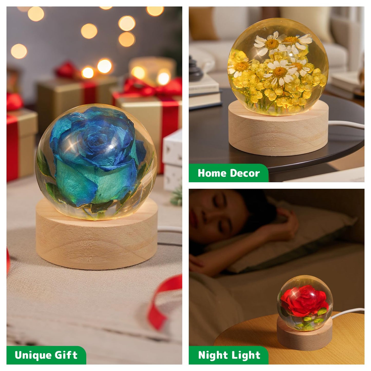 QNCMBUG Chamomile Crystal Ball Night Light - Real Chamomile Encased in Glowing Resin Ball, USB-Powered Desk Lamp with Wood Base, Unique Daisy Gift for Valentine's Day, Mother's Day & Home Decor