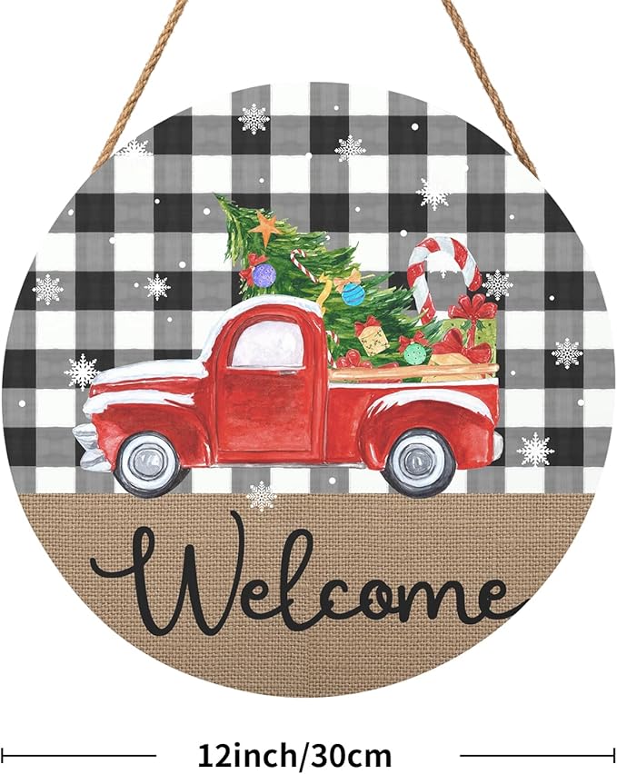 Harooni Christmas Welcome Front Door Sign for House Merry Christmas Holiday Decoration Hanging Sign Red Truck Xmas Round Wood Wreaths for Home Wall Porch Yard Garden Farmhouse Christmas Day 12"x12"