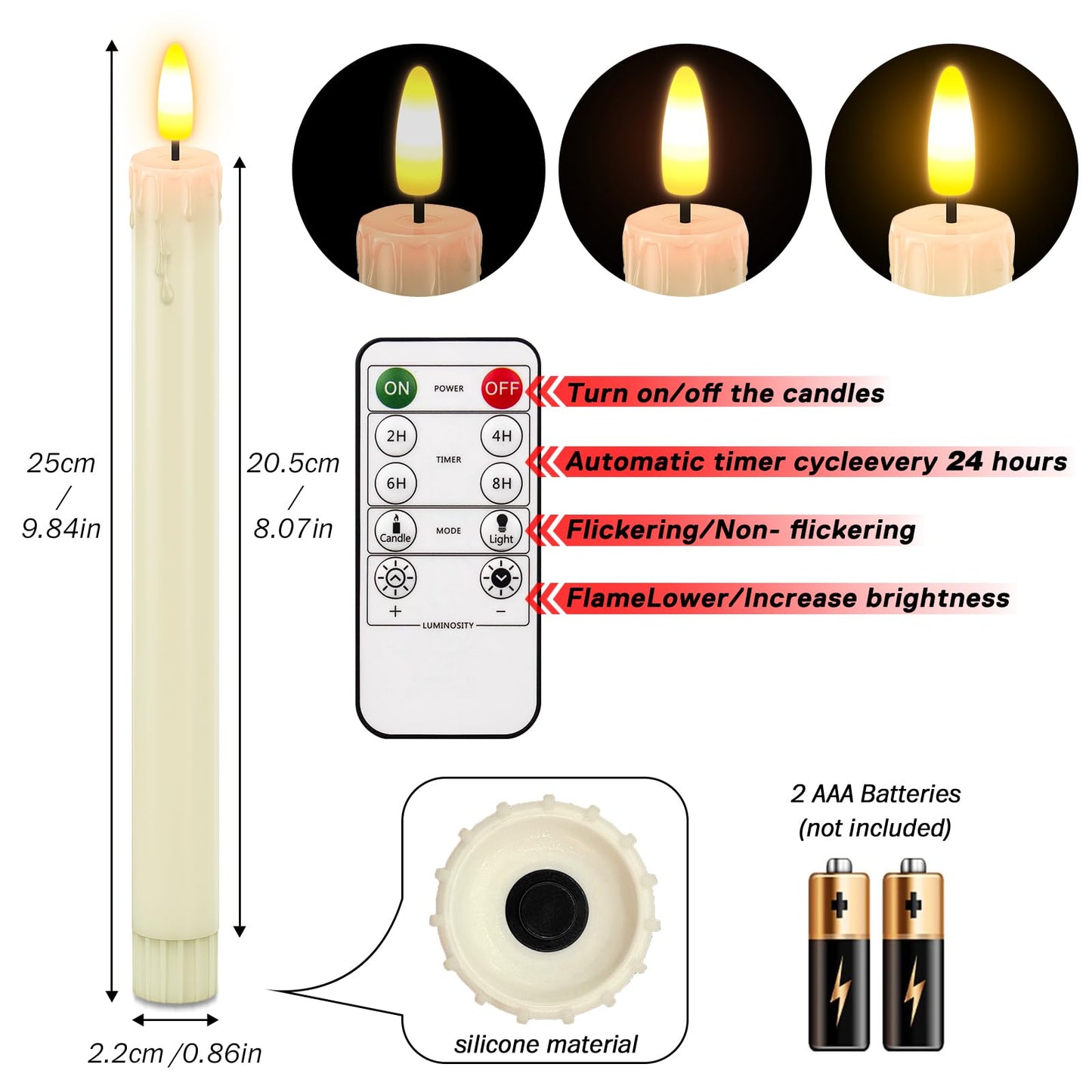 HL Flameless Taper Candles with Remote Timer, 450H+ Long Lasting Battery Operated LED Candlesticks with Warm 3D Flickering Flame, 9.6" Window Candles for Halloween Christmas Home Decor (Ivory 6Pcs)
