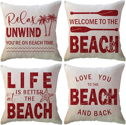 ULOVE LOVE YOURSELF Coastal Beach Throw Cushion Covers Double-Sided Tropical Palm Paddles Anchor Starfish Summer Beach House Decorative Pillowcase 18 x 18 Inch 4Pack Porch Patio Decor (Red)