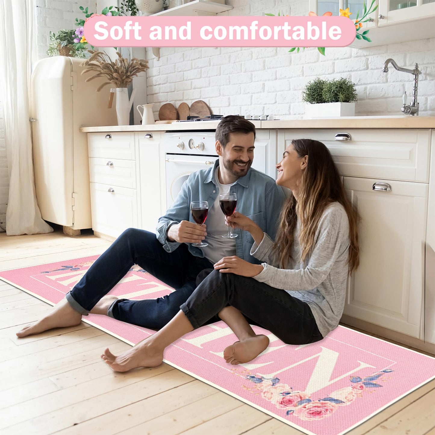 PCSWEET HOME Pink Floral Kitchen Rugs Mats for Floor 3PCS, Farmhouse Non Slip Kitchen Rug Runner, Washable Non Skid Kitchen Rugs, Comfort Standing Mat for Laundry, Desk, Bar, Office
