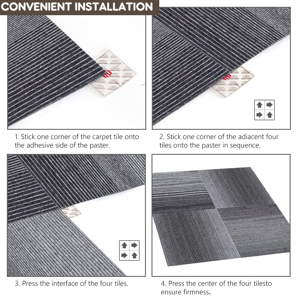 Petgrow Commercial Carpet Tiles, 24" x 24" Squares, 18 Tiles,Non-Slip Soft Floor Carpet for Office, Bedroom, Living Room, Kitchen (1, Irregular Gradient Grey)