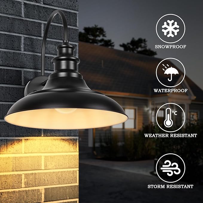Dusk to Dawn Sensor Outdoor Barn Light Fixtures, 12.3 Inch Dome Farmhouse Outdoor Wall Sconces, Gooseneck Exterior Wall Mount Lights, Industrial Black White Wall Lanterns for Porch, DDRZ004-2 BK+WH