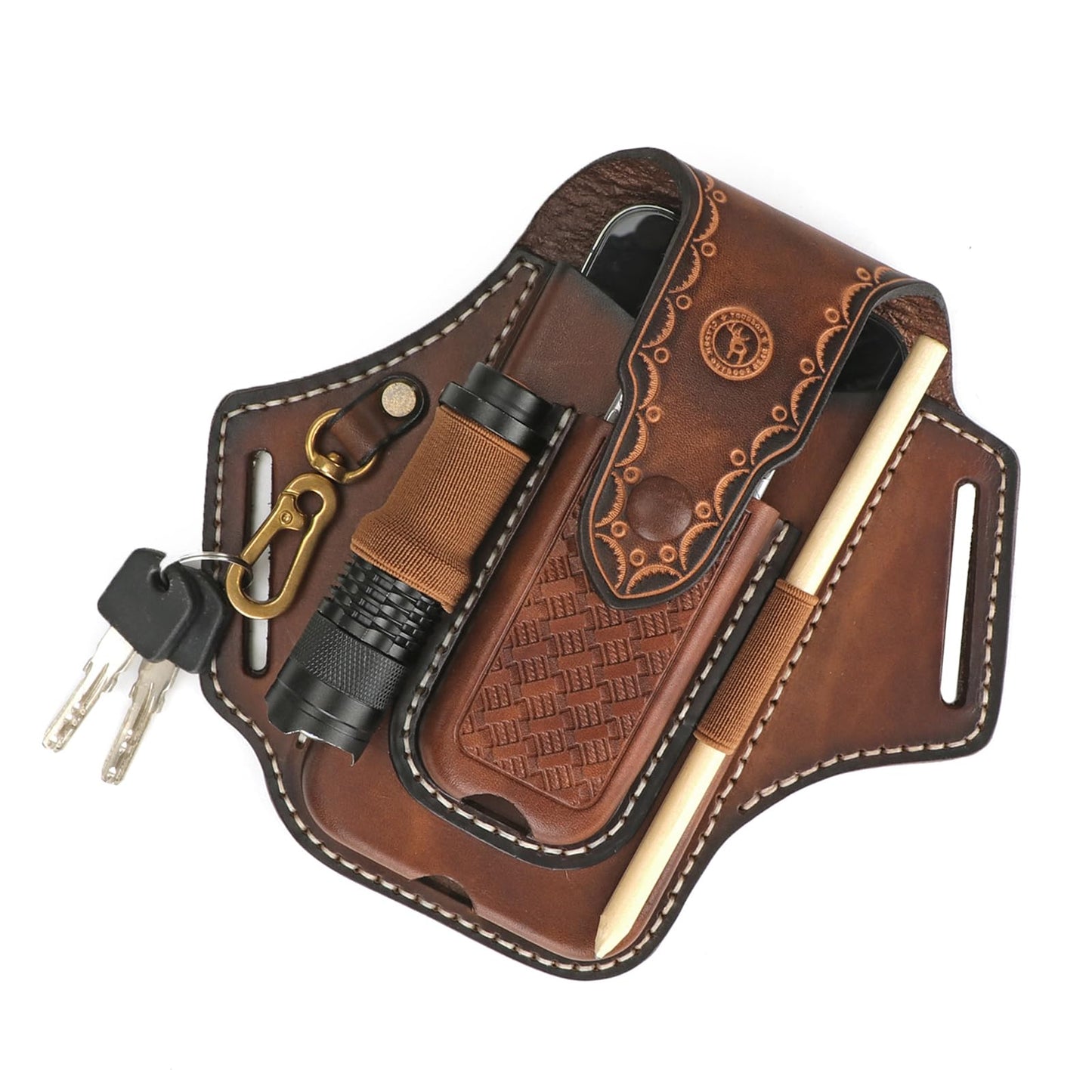 Tourbon Leather Cell Phone Holster Pouch Case Tool Multitool Sheath Flashlight Slot Holder & Keychain Clip with Magnetic Closure for Belt (Brown)