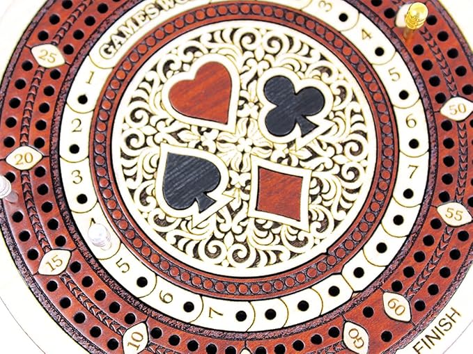 House of Cribbage - 2 Track 60 Points - Round Shape Pocket Size Wooden Travel Cribbage Board - Size 4 Inch (Maple Wood/Bloodwood)