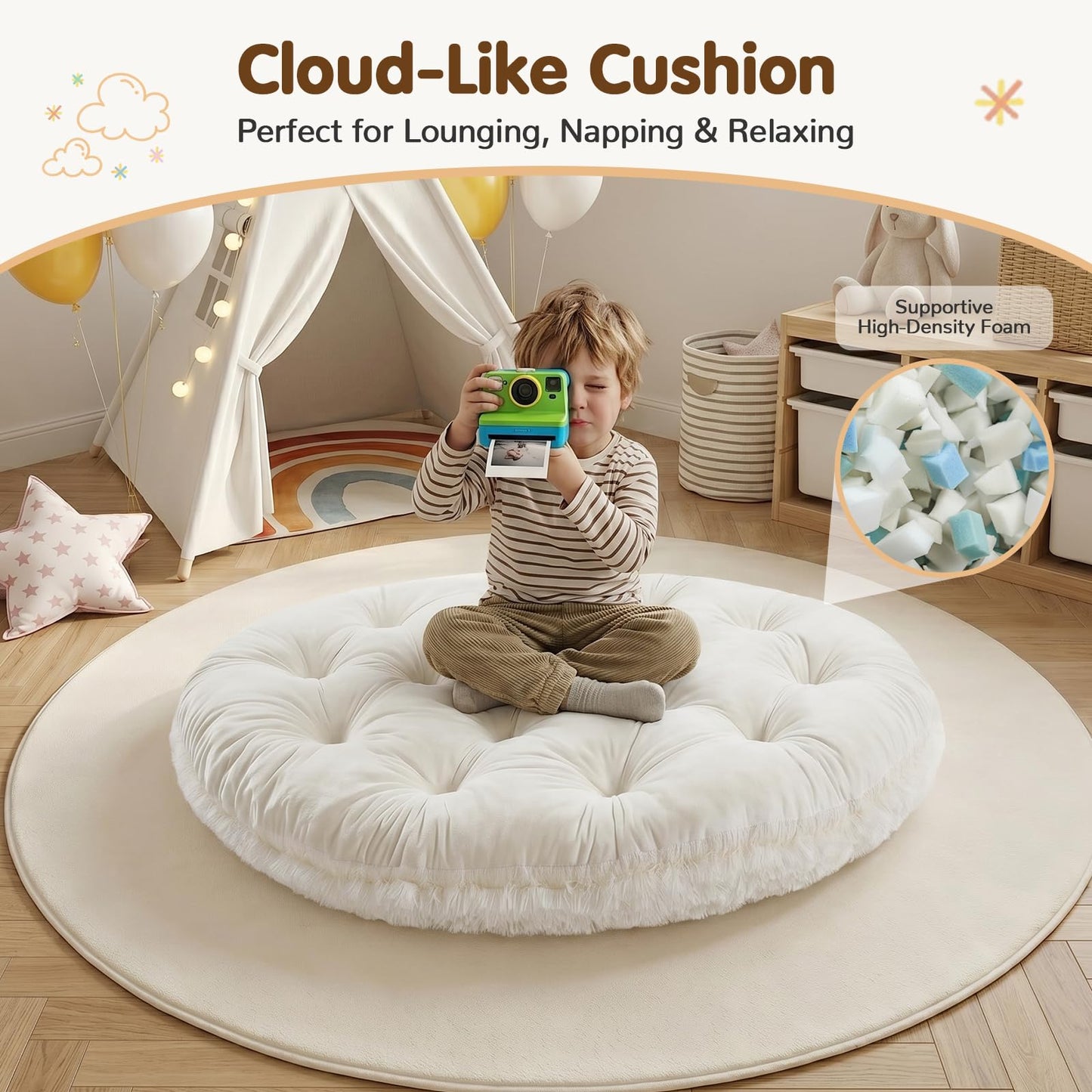 blue page Circle Kids Play Mat 5.9 in Thick, Round Padded Playmat for Ages 3+, Comfy Plush Floor Rug for Nursery Playroom Reading Corner, Large 47x47 in Beige